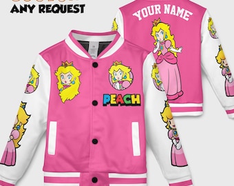 Chaqueta de béisbol personalizada de la Princesa Peach, chaqueta de béisbol de Super Mario, chaqueta con nombre personalizado, chaqueta de videojuegos de Super Mario, chaqueta de princesa