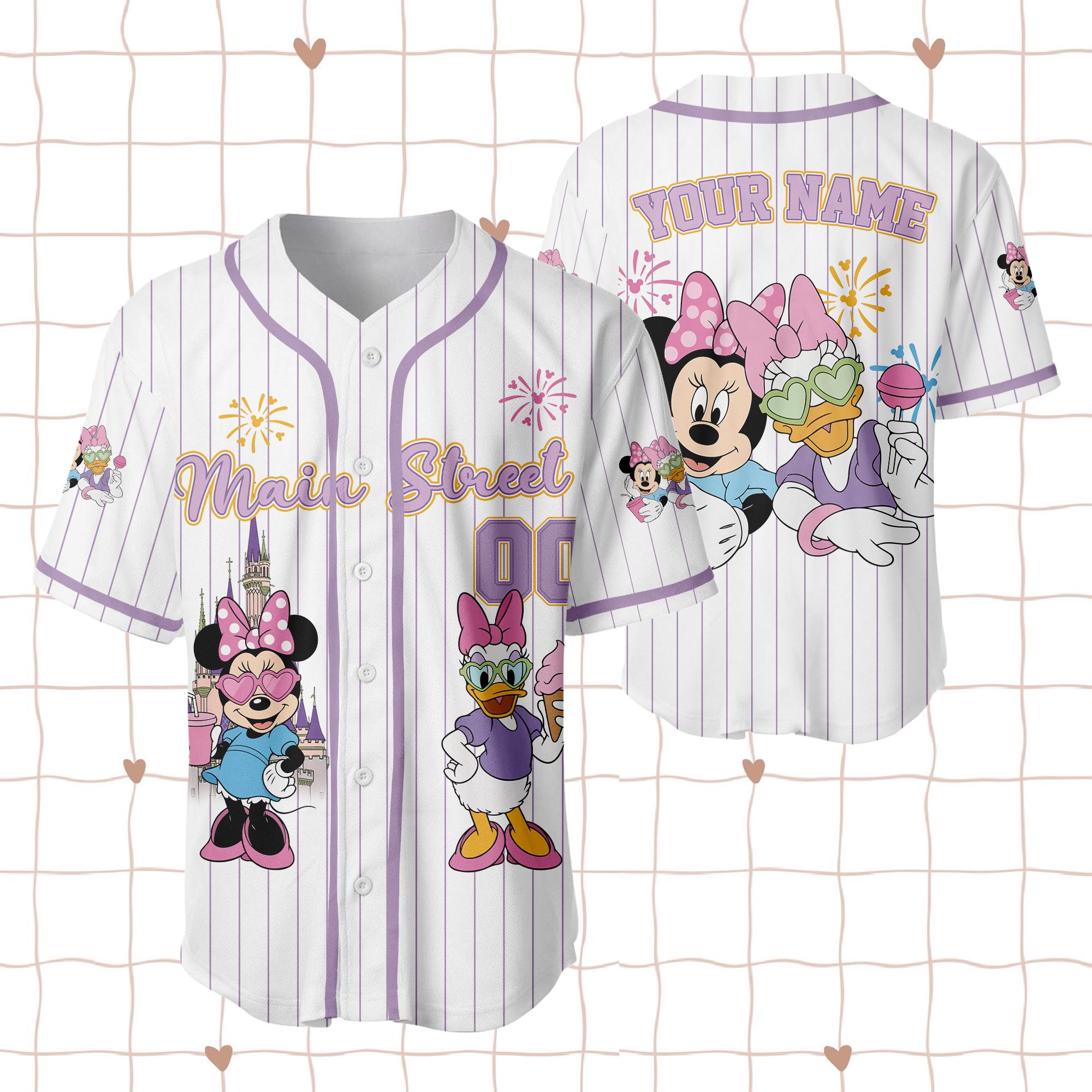 Discover Main Street Besties Disney Baseball Jersey, Minnie Daisy Castle Jersey, Cute Disney Park Outfit, Magical Kingdom Fireworks Team Shirt
