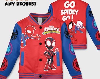Custom Spidey And His Amazing Friends Varsity Jacket, Kids Varsity Jacket, Spiderman Baseball Jacket, Birthday Boy Gift, Spidey Shirt