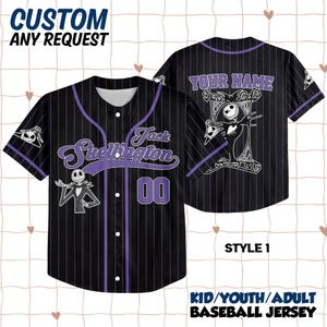 May include: Black baseball jersey with purple pinstripes, featuring the text "Jack Skellington" and the number "00". The jersey has a button-up front and short sleeves. The back of the jersey has the text "YOUR NAME". The jersey is for kids, youth, and adults.