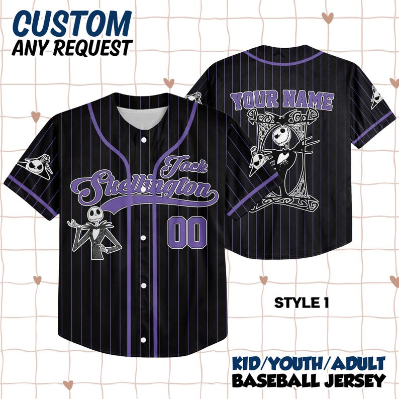 May include: Black baseball jersey with purple pinstripes, featuring the text "Jack Skellington" and the number "00". The jersey has a button-up front and short sleeves. The back of the jersey has the text "YOUR NAME". The jersey is for kids, youth, and adults.