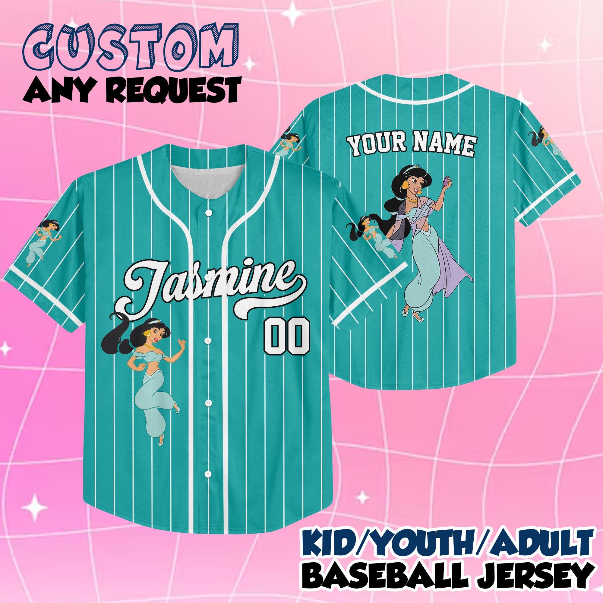 Discover Custom Disney Princess Jasmine Baseball Jersey, Disney Baseball Jersey for Kids, Youth & Adults, Matching Disney Game Day Outfit