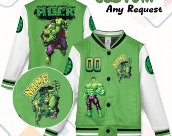 May include: Green and white varsity jacket featuring the Hulk. The jacket has a green body with white sleeves, black trim, and Hulk graphics. The text "CUSTOM Any Request" is visible.