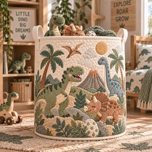 May include: A cylindrical fabric storage basket featuring a quilted texture and an embroidered prehistoric landscape with dinosaurs, palm trees, a volcano, and a sun. The basket has two side handles and contains several plush dinosaur toys.