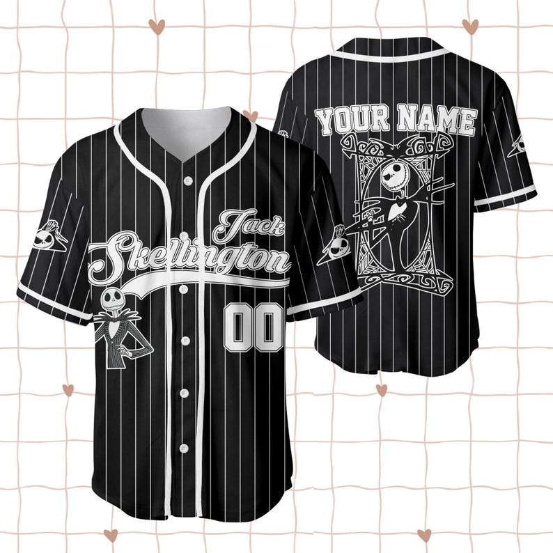 May include: A black and white pinstripe baseball jersey with the text "Jack Skellington" and the number "00". The jersey has white detailing and a Jack Skellington graphic on the front and back. The back of the jersey has the text "YOUR NAME".