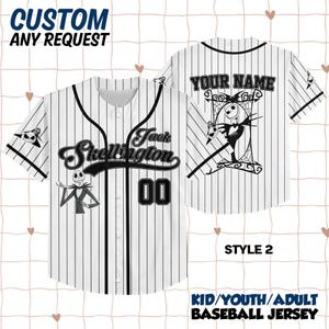 May include: White baseball jersey with black pinstripes, displaying the text "Jack Skellington" and the number "00". The jersey features a cartoon character design and the text "YOUR NAME" on the back. The words "CUSTOM ANY REQUEST" and "KID/YOUTH/ADULT BASEBALL JERSEY" are also visible.