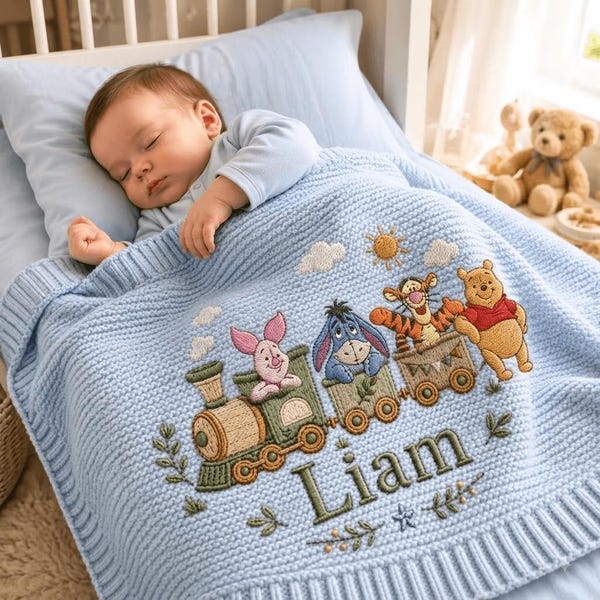 Personalisierte, bestickte Winnie-Puuh-Babydecke, Strickdecke mit individuellem Namen, Geschenk zur Babyparty, Willkommensdecke für Babys