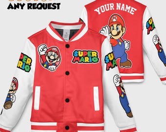 Personalized Super Mario Baseball Jacket,Super Mario Bros Yoshi Luigi Peach Shirt,Mario Family Group Jacket, Christmas Mario Birthday Jacket