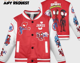 Custom Spidey And His Amazing Friends Varsity Jacket, Kids Varsity Jacket, Spiderman Baseball Jacket, Birthday Boy Gift, Spidey Shirt