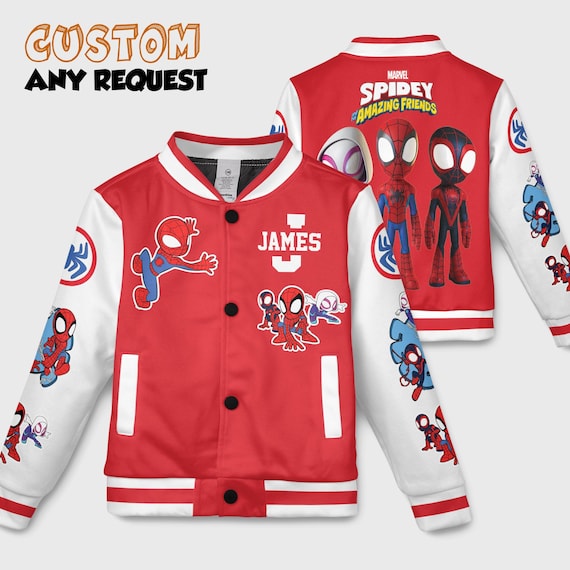 Custom Spidey And His Amazing Friends Varsity Jacket, Kids Varsity Jacket, Spiderman Baseball Jacket, Birthday Boy Gift, Spidey Shirt