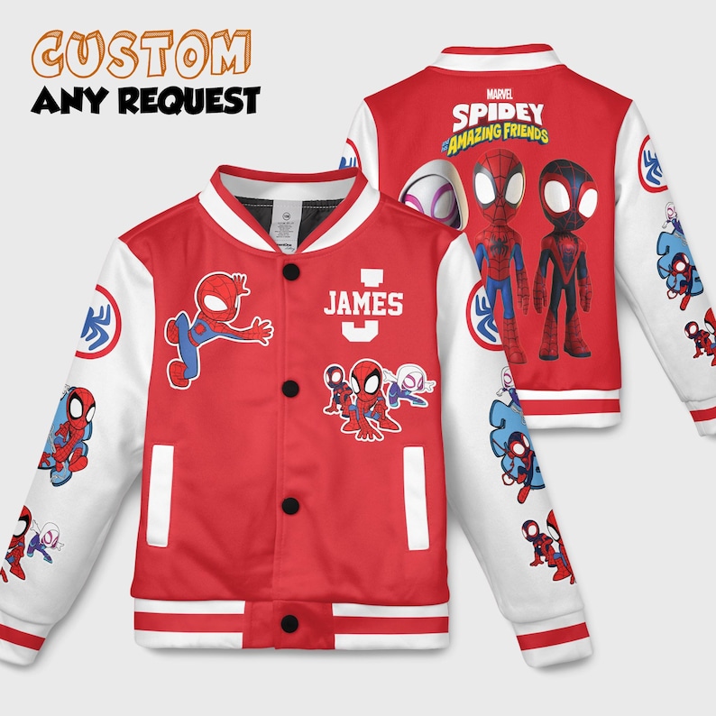 May include: Red and white letterman jacket featuring Spider-Man graphics and the text "JAMES." The jacket has a black button closure and the text "CUSTOM ANY REQUEST" at the top. The back of the jacket features the text "MARVEL SPIDEY AND HIS AMAZING FRIENDS."