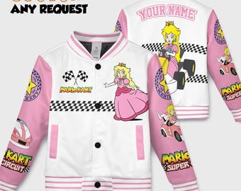 Chaqueta de béisbol personalizada de la Princesa Peach, chaqueta universitaria infantil de Mario Kart, regalo de cumpleaños de Super Mario, regalo para amantes de los juegos de Mario Peach y Bowser.
