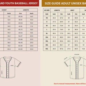 May include: Size guide for kids, youth, and adult unisex baseball jerseys. Includes chest, length, sleeve, and shoulder measurements in centimetres and inches. Features jersey diagrams.