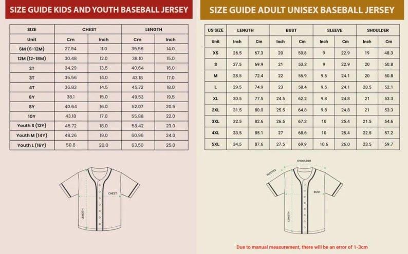 May include: Size guide for kids, youth, and adult unisex baseball jerseys. Includes chest, length, sleeve, and shoulder measurements in centimetres and inches. Features jersey diagrams.