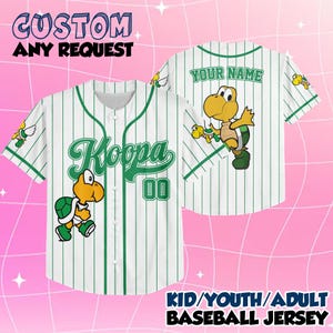 May include: White baseball jersey with green pinstripes, featuring a cartoon Koopa character and the word "Koopa" in green script. The jersey includes the number "00" and the text "CUSTOM ANY REQUEST".