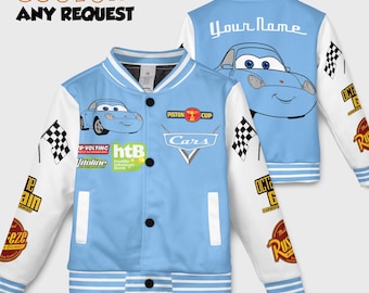 Custom Sally Disney Cars Characters Kids Youth Baseball Varsity Jacket, Cars Adult Varsity Baseball Jacket, Lightning MCqueen Jacket