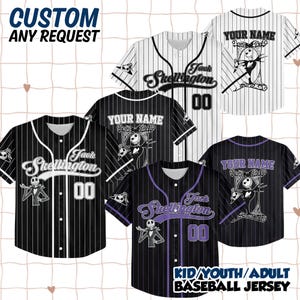 May include: Baseball jerseys in black, white, and purple with pinstripes and the text "Jack Skellington" and "00". The jerseys feature Jack Skellington graphics and the option to customise with a name. The text "KID/YOUTH/ADULT BASEBALL JERSEY" is also visible.