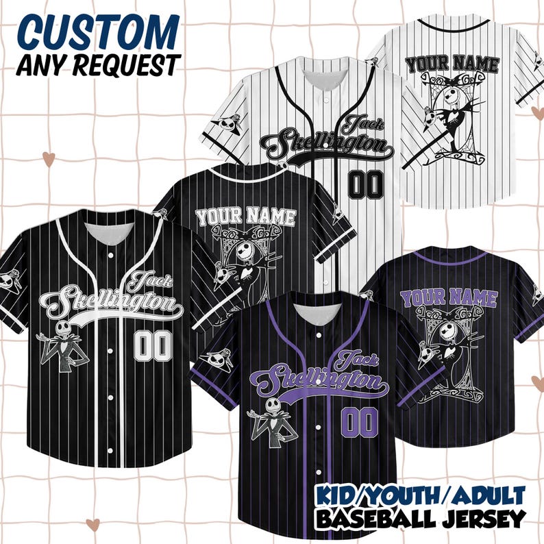 May include: Baseball jerseys in black, white, and purple with pinstripes and the text "Jack Skellington" and "00". The jerseys feature Jack Skellington graphics and the option to customise with a name. The text "KID/YOUTH/ADULT BASEBALL JERSEY" is also visible.