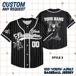 May include: Black and white pinstripe baseball jersey with the text "Jack Skellington" and the number "00". The jersey has a white collar and buttons. The back of the jersey has the text "YOUR NAME".