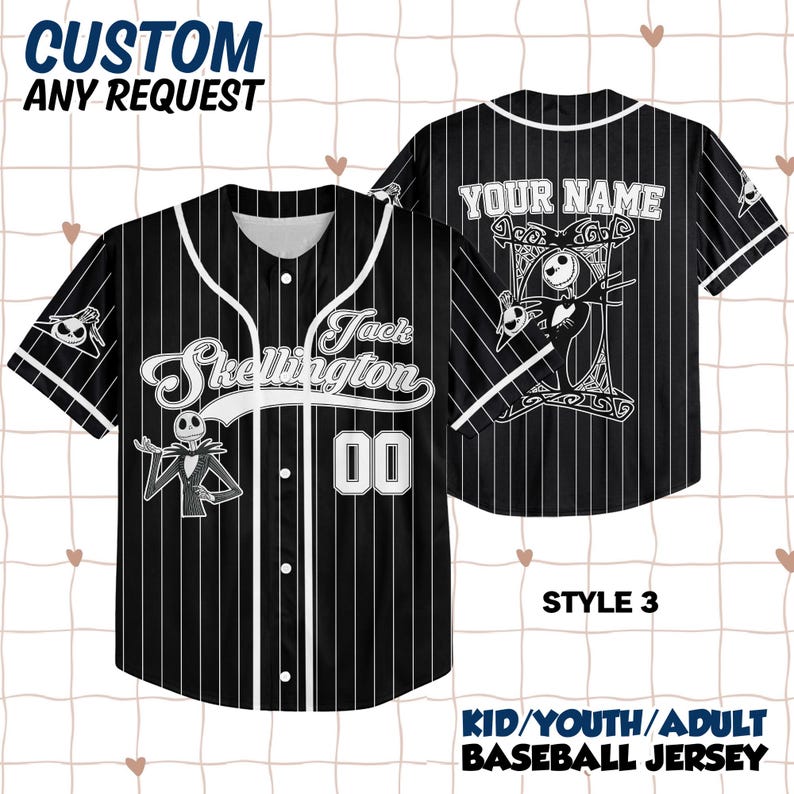 May include: Black and white pinstripe baseball jersey with the text "Jack Skellington" and the number "00". The jersey has a white collar and buttons. The back of the jersey has the text "YOUR NAME".