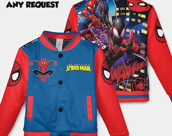 Chaqueta personalizada de Spiderman, chaqueta universitaria para niños, chaqueta de béisbol de Spiderman, regalo de cumpleaños para niño, camiseta de Spidey
