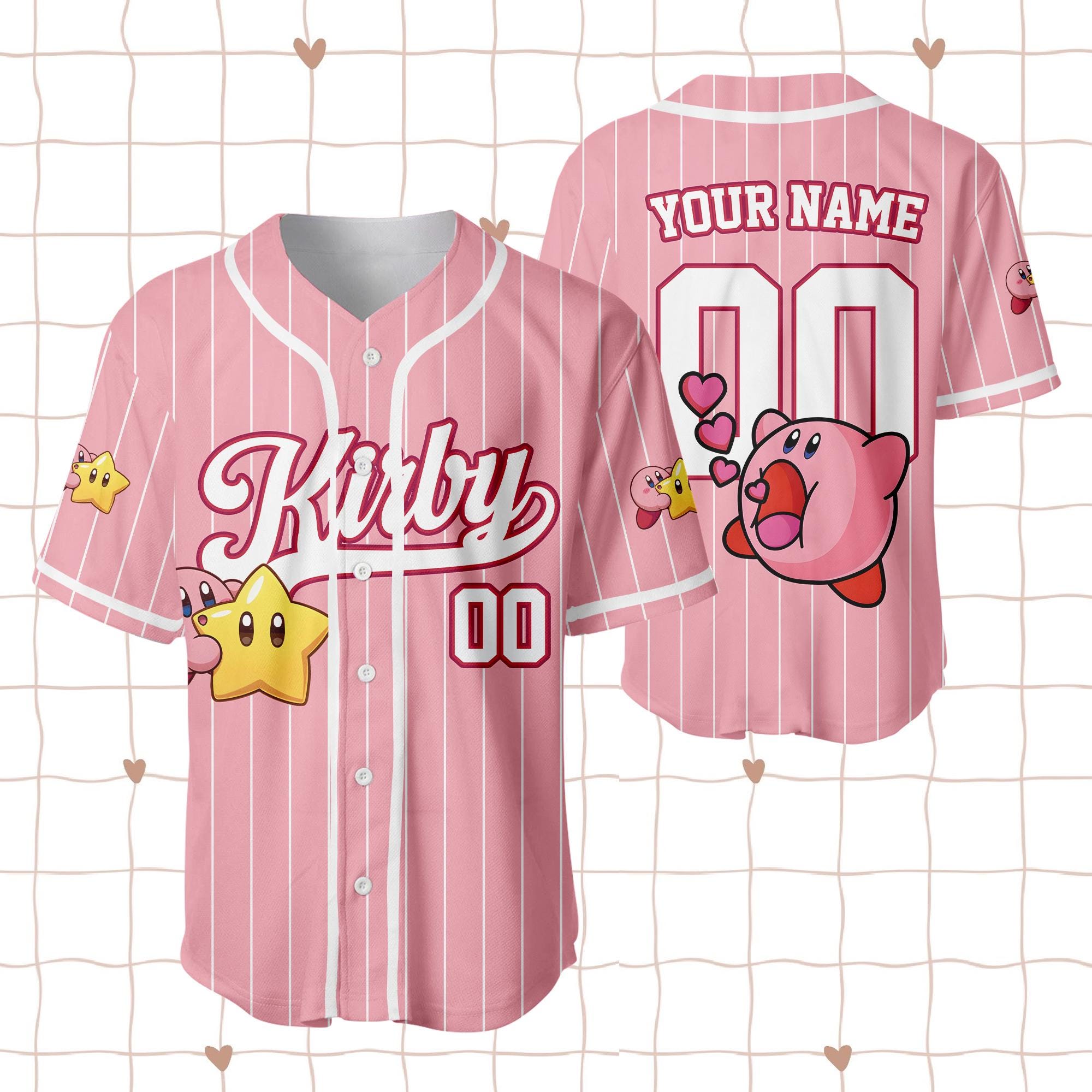 Discover Custom Kirby Baseball Jersey, Personalized Kirby Pinstripe Shirt, Kirby Fan Gift, Cute Gamer Girl Outfit