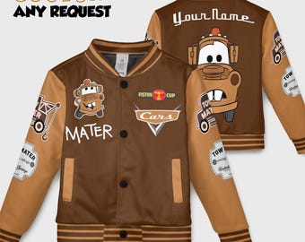 Tow Mater Disney Pixar Car Kids and Youth Baseball Jacket, Aldult Unisex Varsity Baseball Jacket, Lightning Mcqueen Baseball Jacket
