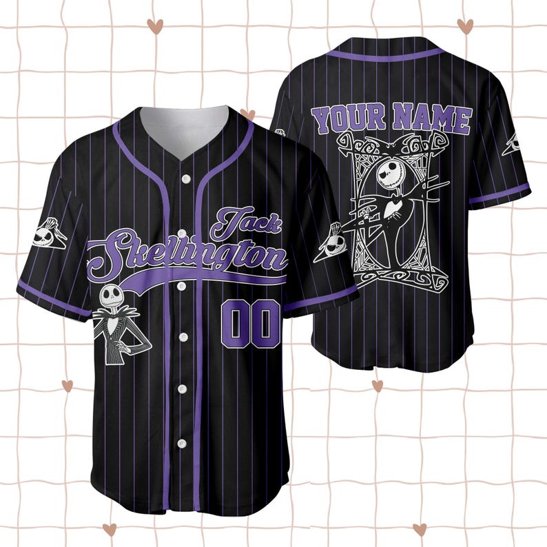 May include: Black baseball jersey with purple pinstripes, featuring the text "Jack Skellington" and the number "00". The jersey has a button-up front and a design of Jack Skellington on the front and back.