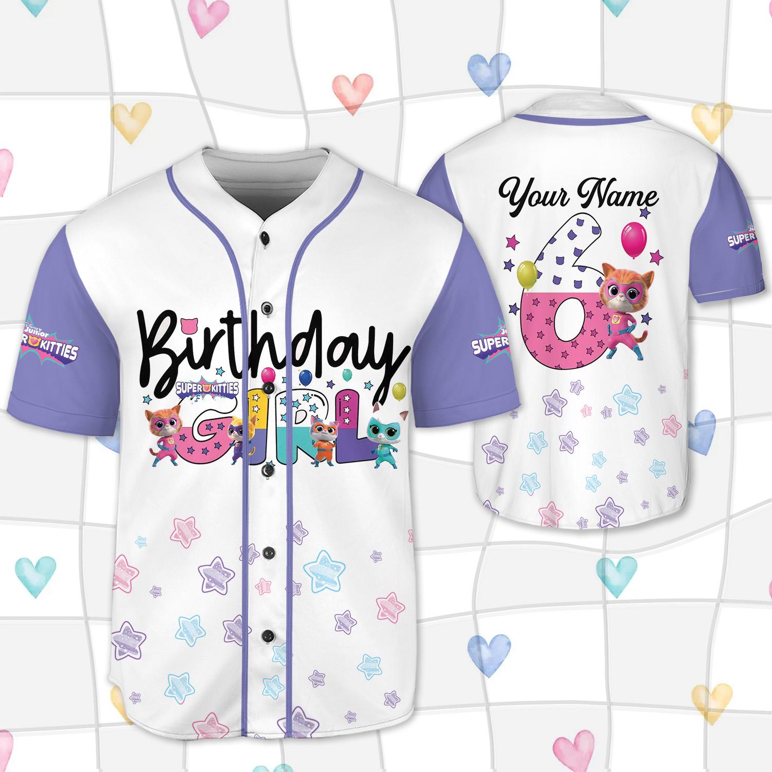 Discover Personalized Super Kitties Birthday Party Baseball Jersey, Disney Birthday Girl Shirt, Super Kitties Birthday Family Shirt
