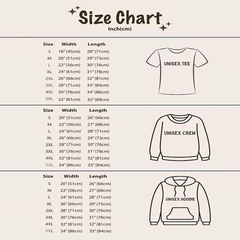 May include: A size chart with measurements in inches and centimeters for unisex tees, crewnecks, and hoodies. The chart includes sizes S to 5XL, with corresponding width and length measurements. The image also shows illustrations of each clothing item.