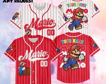 Camiseta de béisbol personalizada de Super Mario con nombre, camiseta de béisbol de Mario, camiseta para niños, jóvenes y adultos, regalo de cumpleaños