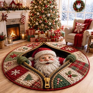 Puede incluir: Una falda de árbol de Navidad redonda con diseño de patchwork acolchado en rojo, verde y crema, con motivos de copos de nieve, bastones de caramelo y pinos. Un gráfico 3D de Santa Claus parece emerger de una cremallera central.