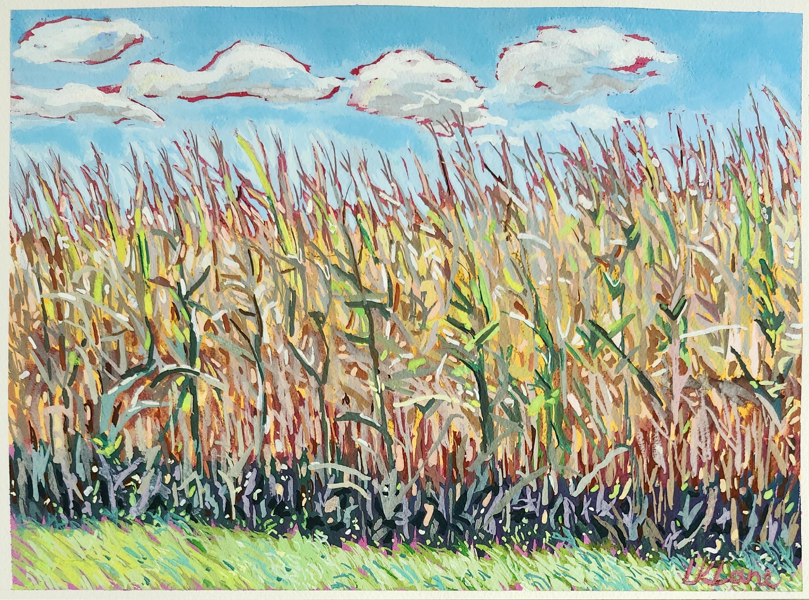 Original Gouache Painting-Golden Corn Stalks and Blue Sky-Rural Field Art