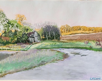 Original Gouache Painting "Autumn Field Retreat" 9x12 Barn Scene, Rural Landscape Art.