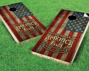 American Flag Cornhole Wrap - God Bless America Land That I Love - LAMINATED & DURABLE