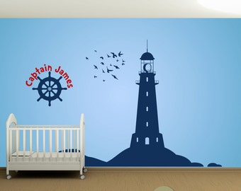 Kids Nursery Wall Decal : Lighthouse Captain's Wheel, Flock of Birds & Custom Name Nautical Vinyl Wall Art Decal Sticker - WD0157