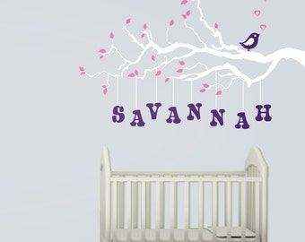 Wall Decal : Branch with Hanging Name & Bird Nursery Vinyl Wall Art Decal Sticker Baby Girl Kids