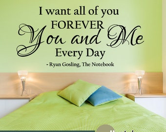 May include: A green bedroom with a bed, two lamps, and a wall decal that reads "I want all of you FOREVER You and Me Every Day - Ryan Gosling, The Notebook".