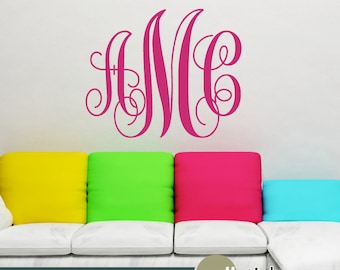 Monogram Wall Decal - Interlocking Script Initials Vinyl Wall Art Decal  Lettering - Wall Decor - College Decor - Girls Decor  - WD0328