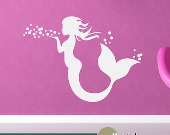 Mermaid Blowing Bubbles Wall Decal for girls - Vinyl Wall Sticker for Bedroom Playroom Shower Mirror - WD0360