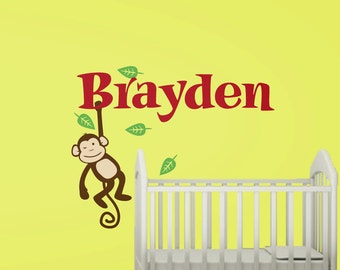 Wall Decal: Personalized Name with Hanging Monkey & Leaves - Kids Children Nursery Removable Vinyl Wall Art Decal Sticker Set