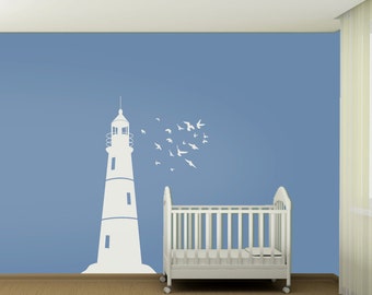 Wall Decal Kids Lighthouse and Flock of Birds Nautical Vinyl Wall Art Decal Sticker Wall Decor -WD0156