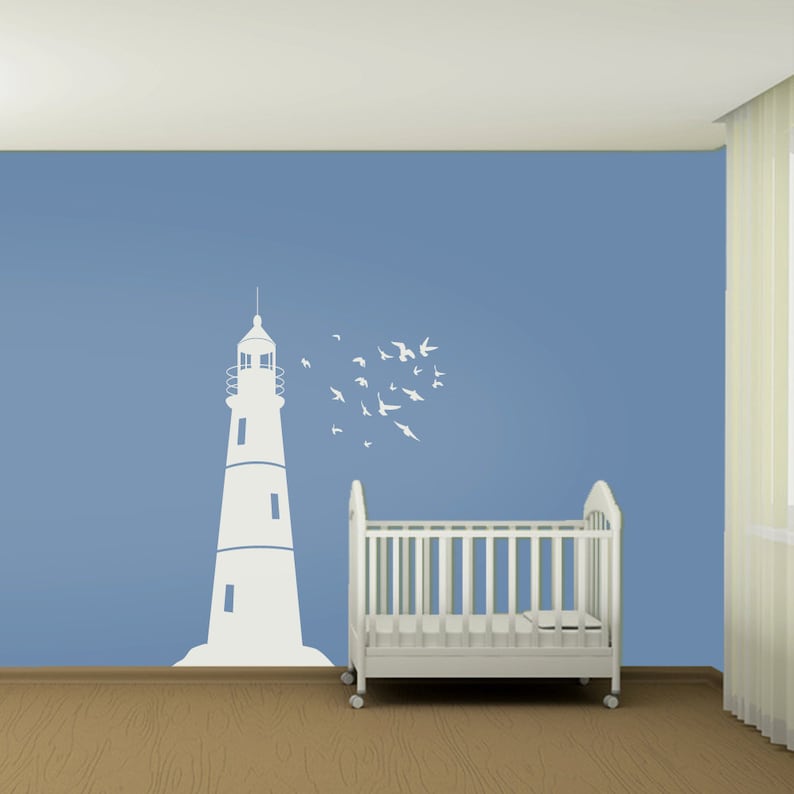 WD0156 Great for Kids Nautical Wall Decor Lighthouse Wall Decal with Flock of Birds