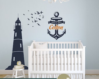 Nautical Wall Decor Set - Lighthouse Wall Decal with Birds and Personalized Anchor - WD0156 - WD0012