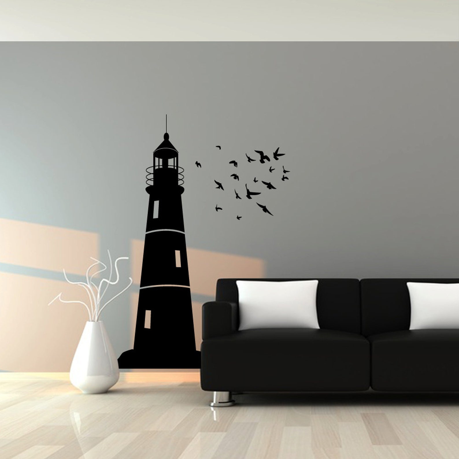 Lighthouse Wall Decal With Flock of Birds Nautical Wall Etsy