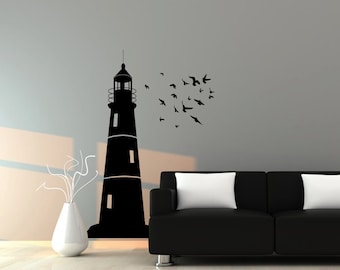 Lighthouse Wall Decal with Flock of Birds - Nautical Wall Decor - Great for Kids - WD0156