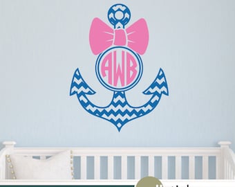 Girls Monogram Wall Decal - Chevron Print Anchor Wall Decal with Bow - Nursery & Bedroom or Dorm Room  Wall Decor - WD0349