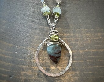 Peruvian Opal pendant with Aquamarine and Peridot wire wrapped in sterling silver. Chain necklace handmade with love by Gypsy Lotus