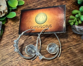 Labradorite wire wrapped in sterling silver spiral hoops. Hand formed and hammered sterling silver spiral earrings