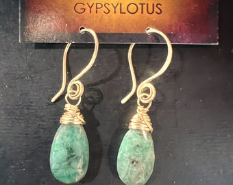Emeralds wire wrapped in 14k Gold filled. Earrings handmade with love by Gypsy Lotus